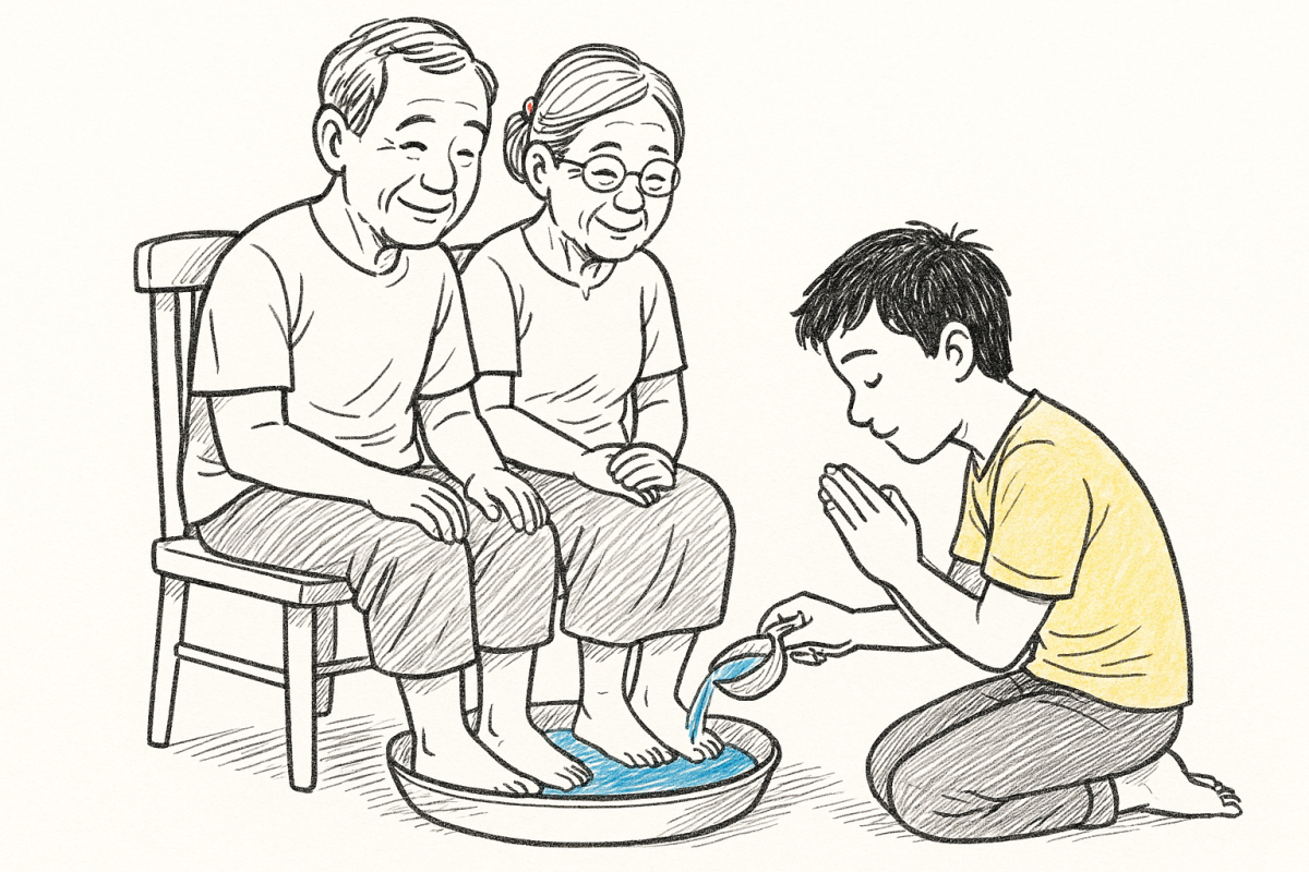 คำอธิษฐานอาบน้ำล้างเท้าพ่อ-แม่ 9 ความเคารพการแสดงออกทางกาย?